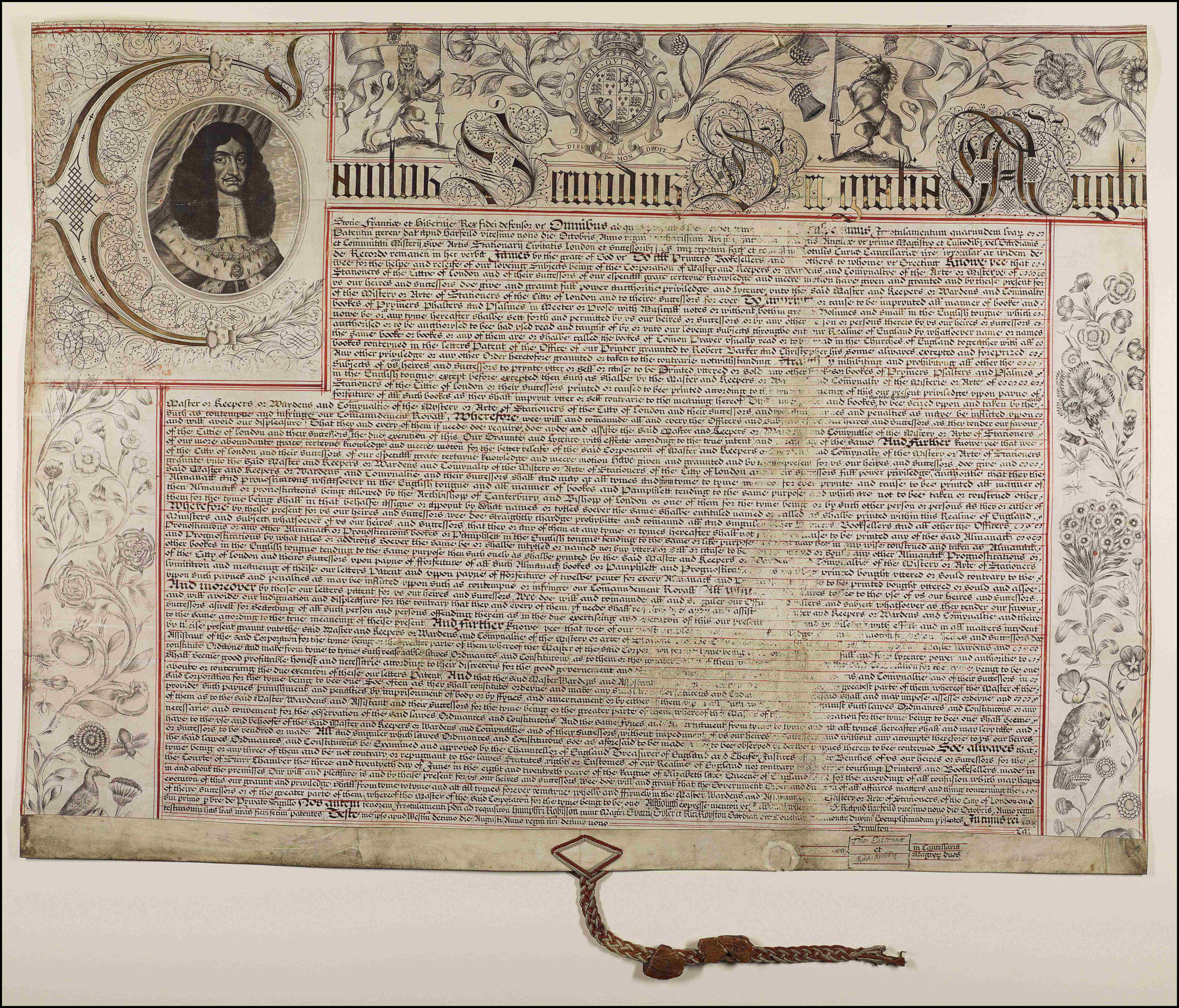 Inspeximus Exemplification of 10 August 1667 of English Stock Letters Patent of 29 October 1603