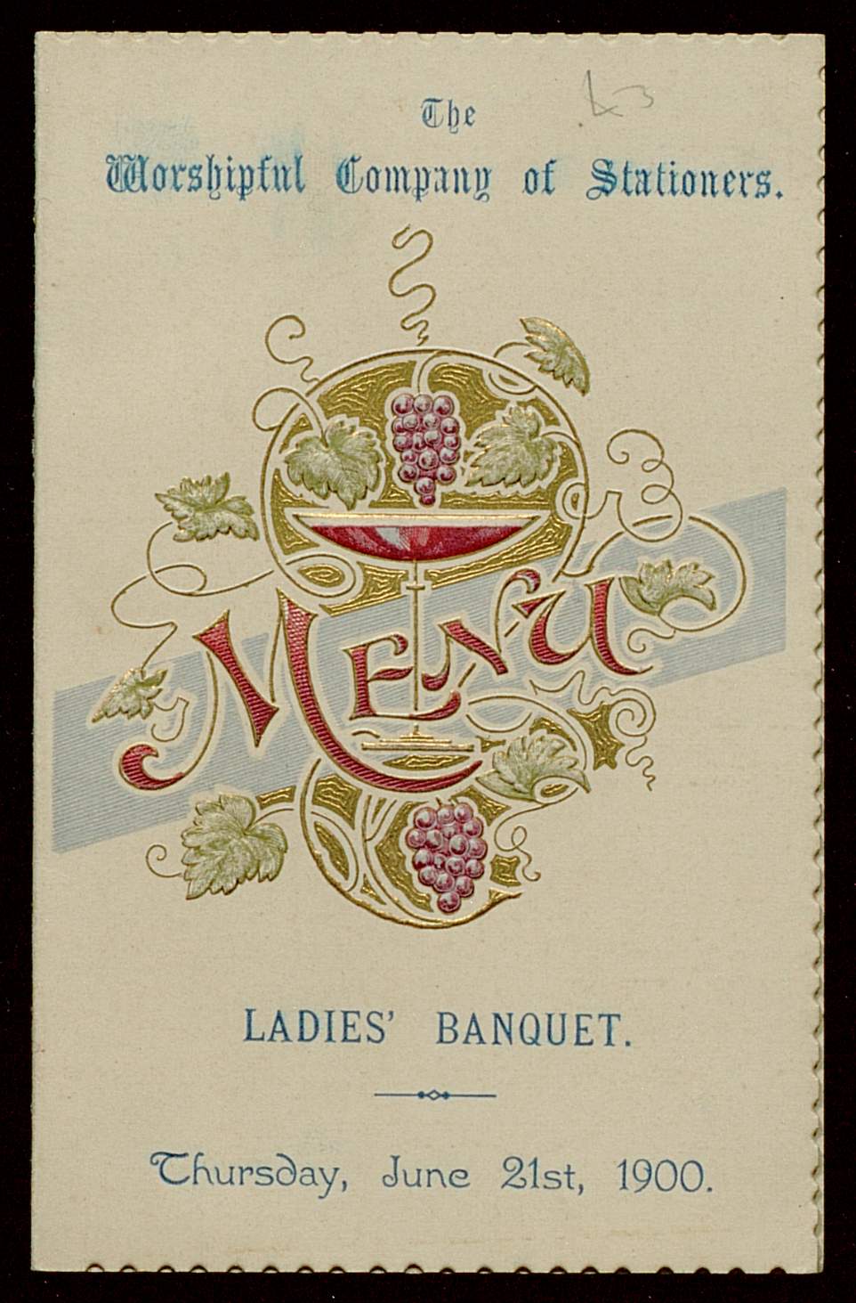 Front cover of a Menu from a Stationers' Company Ladies' Banquet.
